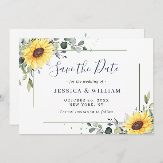 Save The Date Elégant Mariage floral de tournesol Eucalyptus (Devant / Derrière)