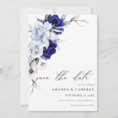 Save The Date Elégant Mariage floral Dusty Blue Navy (Devant)