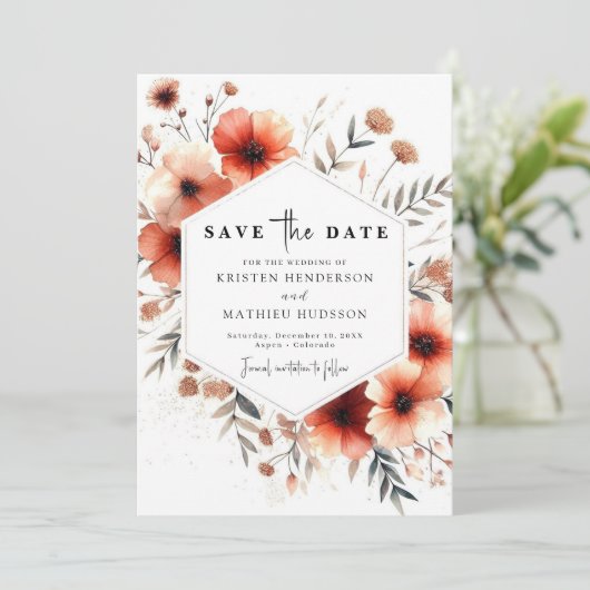 Save The Date Élégant Mariage Floral en terre cuite (Debout devant)