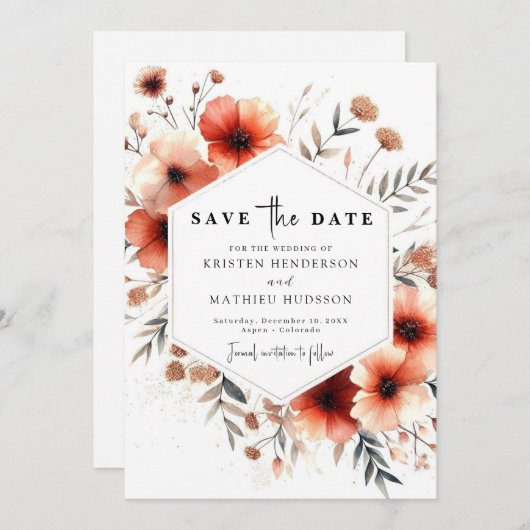 Save The Date Élégant Mariage Floral en terre cuite (Devant / Derrière)