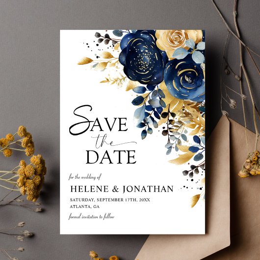 Save The Date Élégant Mariage Floral en terre cuite bleu marine