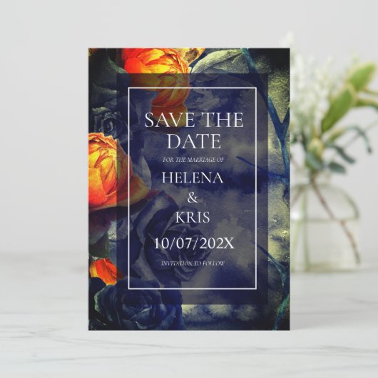 Save The Date Élégant Mariage floral foncé (Debout devant)