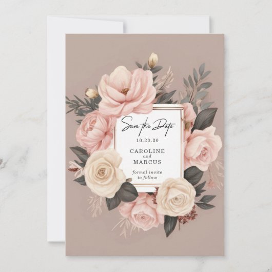 Save The Date Élégant Mariage floral gris crème rose poussiéreux (Devant)
