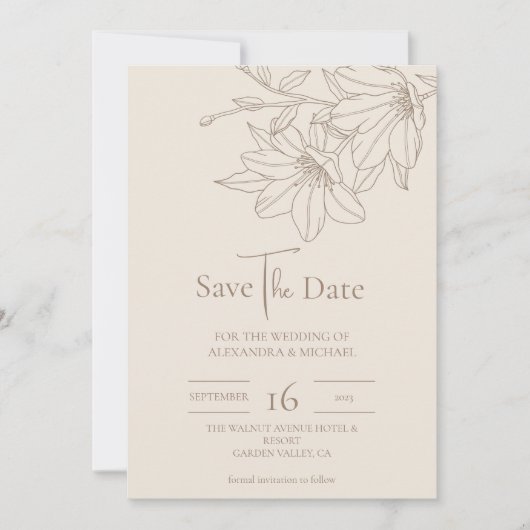 Save The Date Élégant Mariage floral moderne Beige Lineart (Devant)