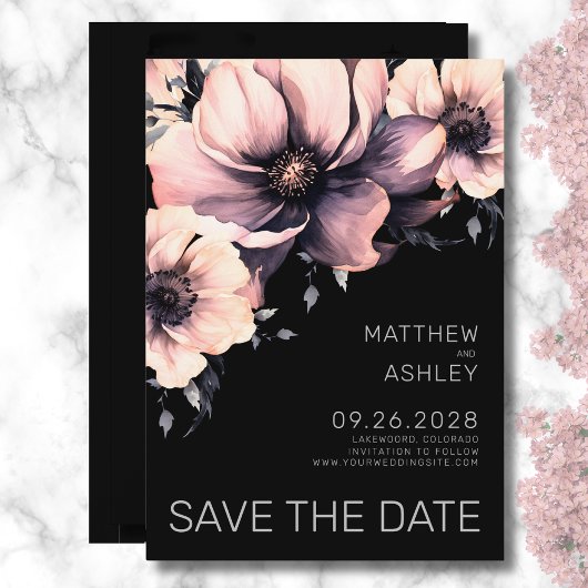 Save The Date Élégant Mariage floral moderne rose noir