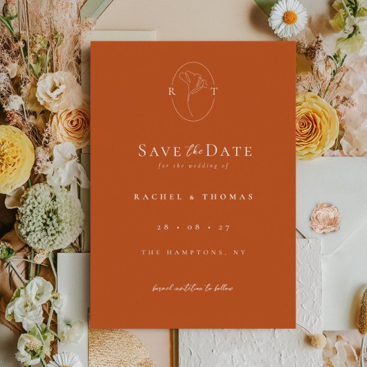 Save The Date Élégant Mariage Floral Monogram Terracotta