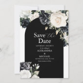 Save The Date Élégant Mariage floral noir et blanc (Devant)