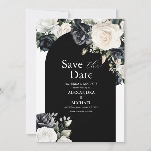Save The Date Élégant Mariage floral noir et blanc (Devant)