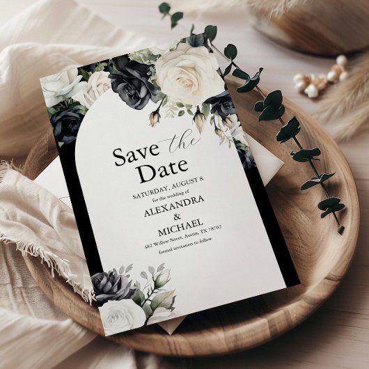 Save The Date Élégant Mariage floral noir et blanc
