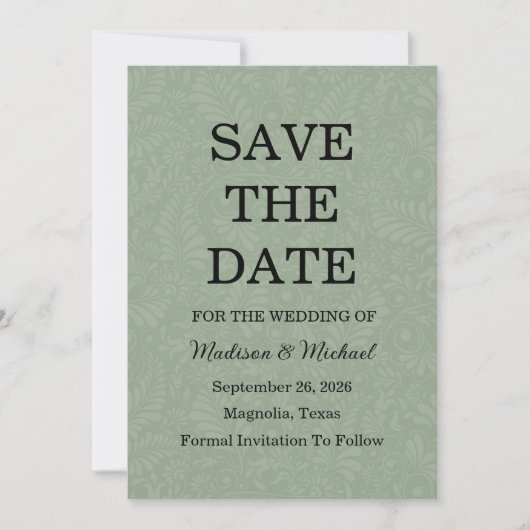 Save The Date Élégant Mariage Floral Ornate Sage Vert (Devant)
