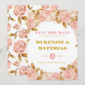 Save The Date Élégant Mariage floral Pony Or Rose (Devant / Derrière)