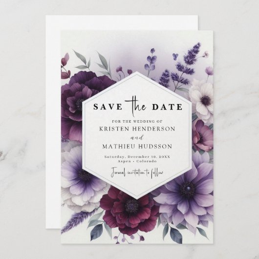Save The Date Élégant Mariage Floral Purple Minimal (Devant / Derrière)