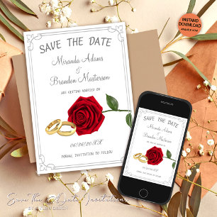 Save The Date Élégant Mariage Floral Red Roses et Anneaux
