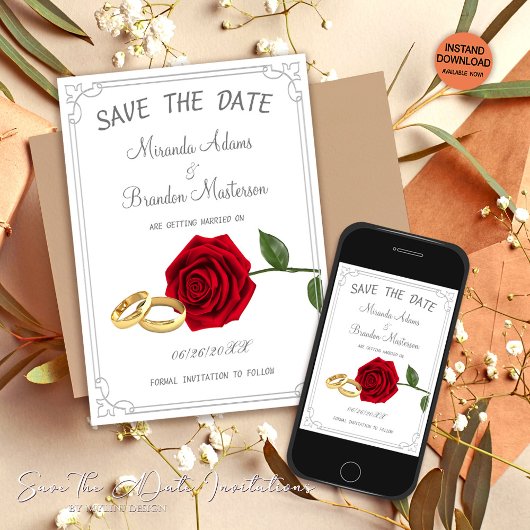Save The Date Élégant Mariage Floral Red Roses et Anneaux