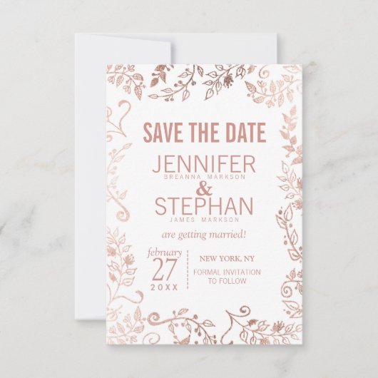 Save The Date Élégant Mariage Floral Rose Blanche Or (Devant)