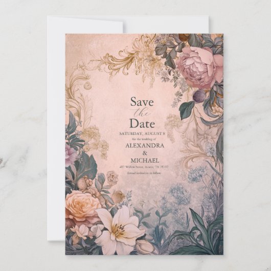 Save The Date Elégant Mariage floral rose clair (Devant)