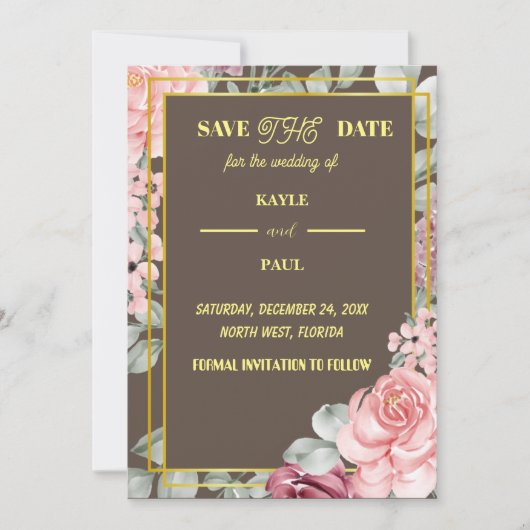 Save The Date Élégant Mariage floral rose de Bourgogne (Devant)