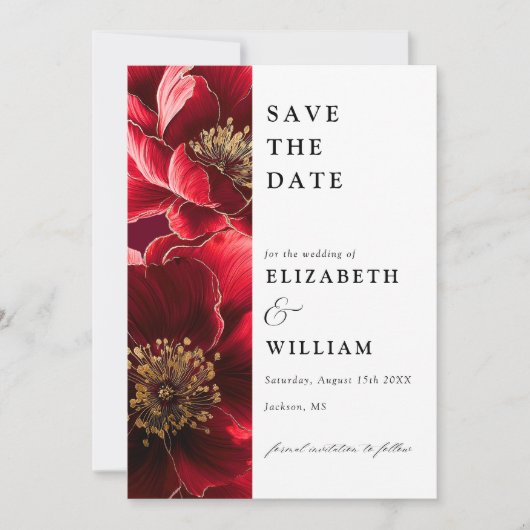 Save The Date Élégant Mariage Floral Rouge Et Or Bourgogne (Devant)