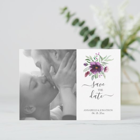 Save The Date Élégant Mariage floral vert violet (Debout devant)