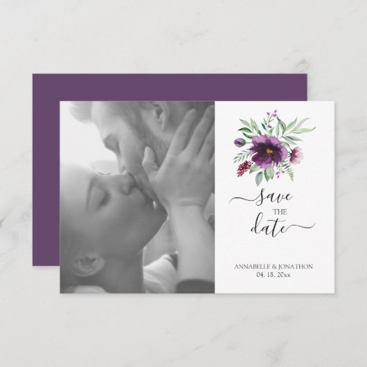 Save The Date Élégant Mariage floral vert violet (Devant / Derrière)