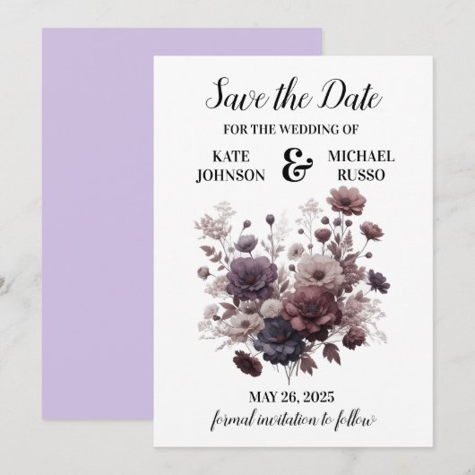 Save The Date Élégant Mariage floral violet (Devant / Derrière)