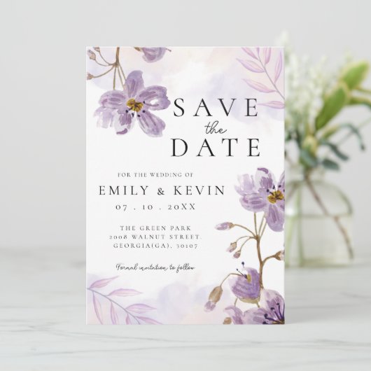 Save The Date Élégant Mariage floral violet clair (Debout devant)
