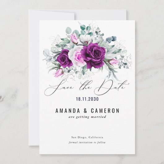 Save The Date Élégant Mariage floral violet rustique (Devant)