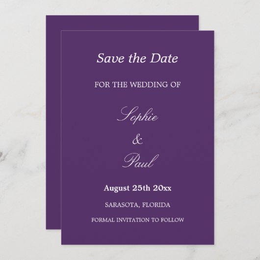 Save The Date Élégant mariage foncé violet Enregistrer la date (Devant / Derrière)