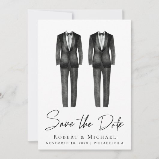 Save The Date Elégant Mariage gay Tuxedo Aquarelle (Devant)