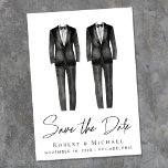 Save The Date Elégant Mariage gay Tuxedo Aquarelle<br><div class="desc">Elégant et chic no photo gay mariage enregistrer la date faire-part avec deux couleurs d'eau tuxedo et "Save the Date" dans un script élégant. Ajoutez vos noms,  date mariage et emplacement dans la typographie moderne.</div>