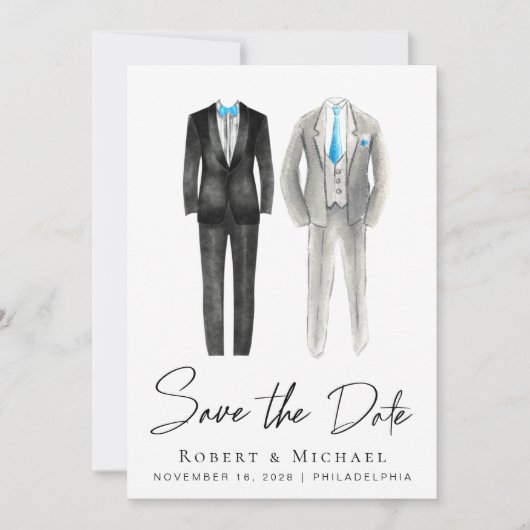 Save The Date Elégant Mariage gay Tuxedo Aquarelles (Devant)