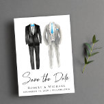Save The Date Elégant Mariage gay Tuxedo Aquarelles<br><div class="desc">Elégant et chic no photo gay mariage enregistrer la date faire-part avec deux couleurs d'aquarelle en tuxedo gris et noir avec des accents bleus et "Save the Date" dans un script élégant. Ajoutez vos noms,  date mariage et emplacement dans la typographie moderne.</div>