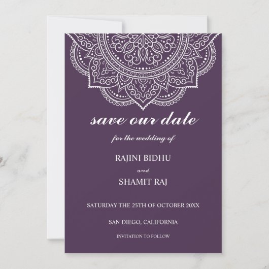 Save The Date Élégant Mariage hindou indien Eggplant Paisley (Devant)