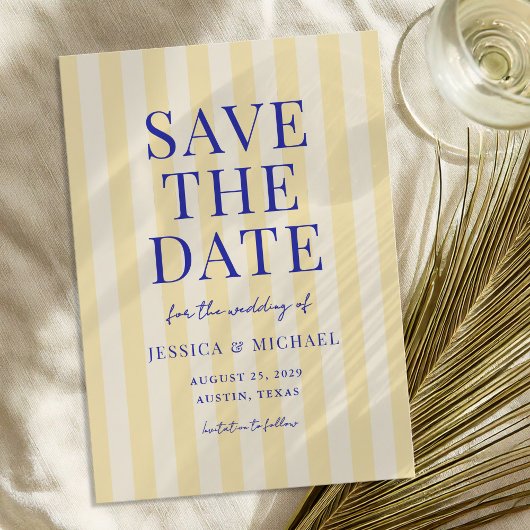 Save The Date Élégant Mariage moderne bleu jaune rayé