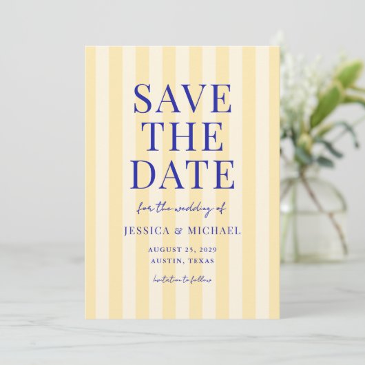 Save The Date Élégant Mariage moderne bleu jaune rayé (Debout devant)