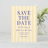 Save The Date Élégant Mariage Moderne Rayé Bleu Jaune (Debout devant)