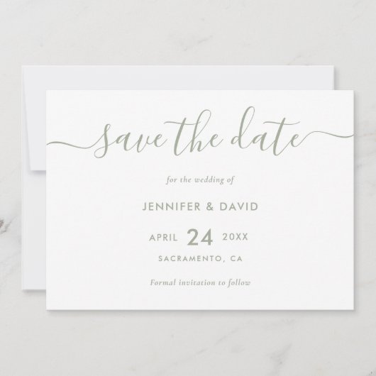 Save The Date Élégant Mariage moderne Sage de Script Vert (Devant)