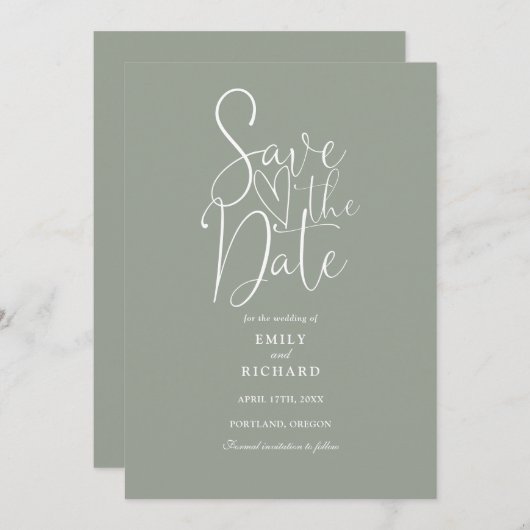 Save The Date Élégant Mariage moderne Sage de Script Vert (Devant / Derrière)