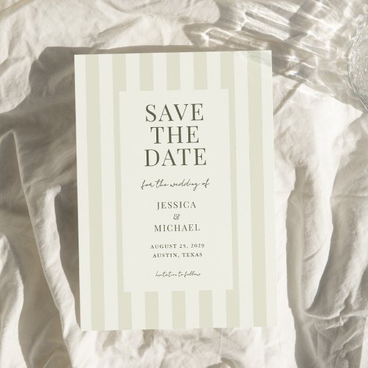Save The Date Élégant Mariage moderne vert olive rayé