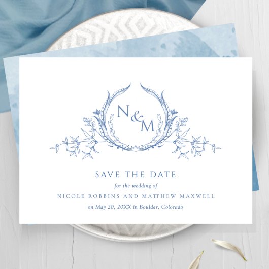 Save The Date Élégant Mariage Monogramme Bleu Aquarelle Enregist