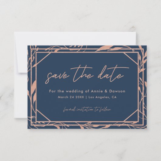 Save The Date Élégant mariage Navy & Rose Gold (Devant)