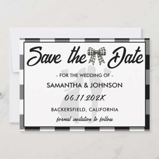 Save The Date Élégant Mariage Noir & Blanc Ruban Gingham (Devant)