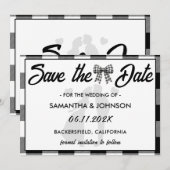Save The Date Élégant Mariage Noir & Blanc Ruban Gingham (Devant / Derrière)