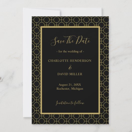 Save The Date Élégant Mariage noir et or (Devant)