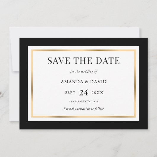 Save The Date Élégant Mariage noir et or (Devant)