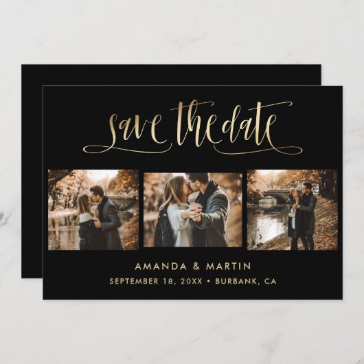 Save The Date Elégant Mariage noir et or 3 Photo (Devant / Derrière)