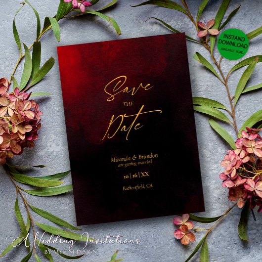 Save The Date Elégant Mariage noir et rouge or