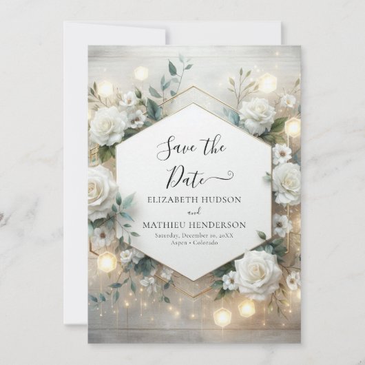 Save The Date Élégant Mariage numérique blanc Roses (Devant)