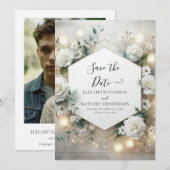 Save The Date Élégant Mariage numérique blanc Roses (Devant / Derrière)