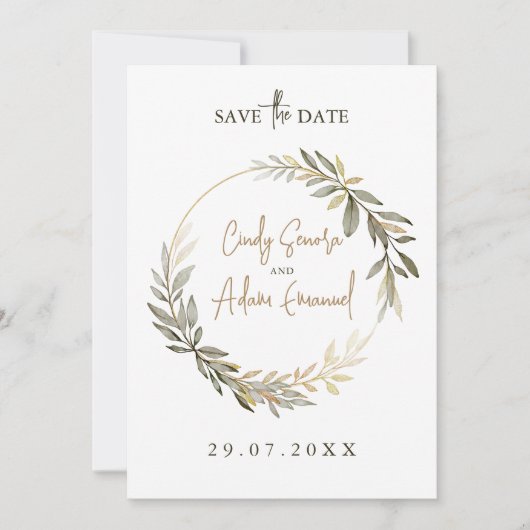Save The Date Elégant Mariage or et verdure (Devant)